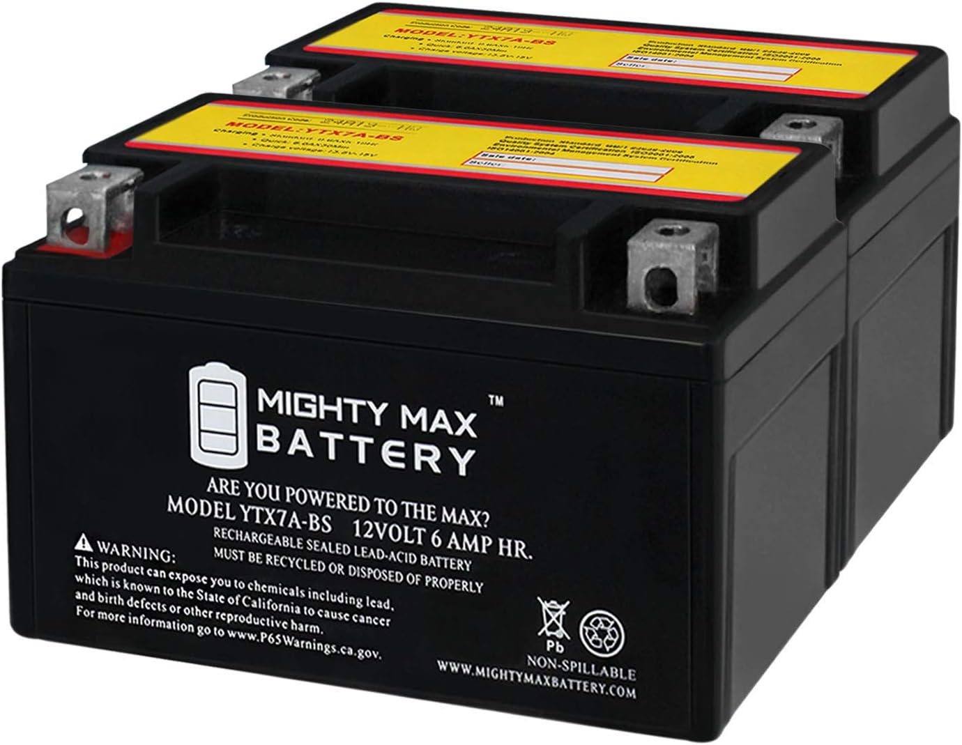 Mighty Max Battery YTX7A-BS Battery Replaces ATV Quad Motorcycle Scooter Moped - 2 Pack