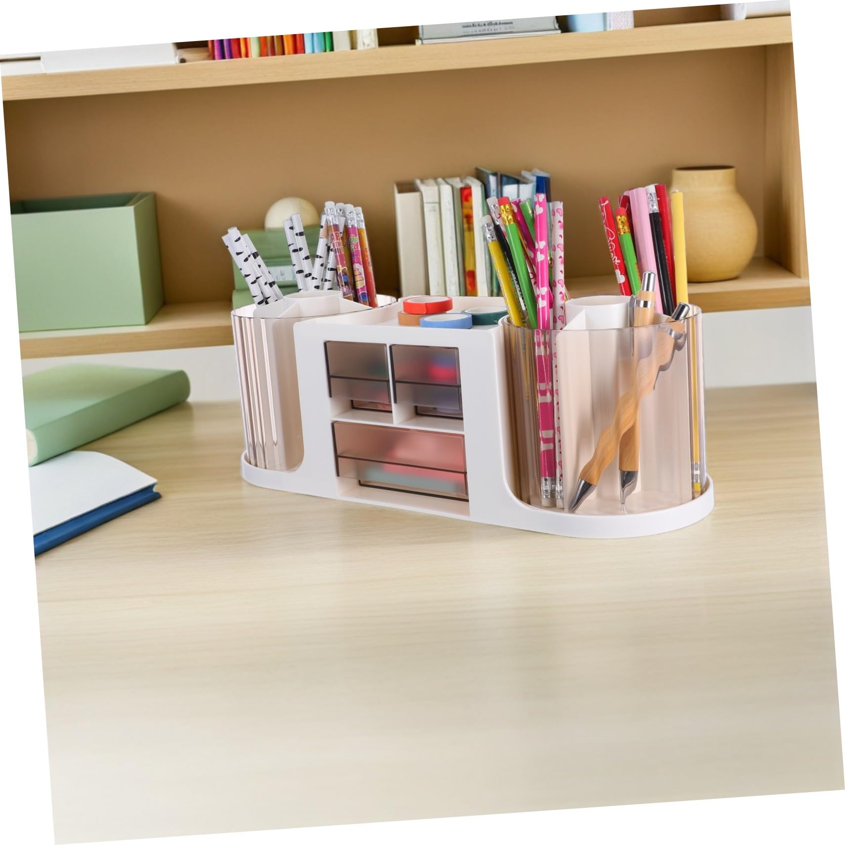 Operitacx Drehbarer Schreibtisch-organizer mit Zwei Stifthaltern und Schublade Transparente Aufbewahrungsbox für Bürobedarf und Künstlerbedarf für Schule und Klassenzimmer