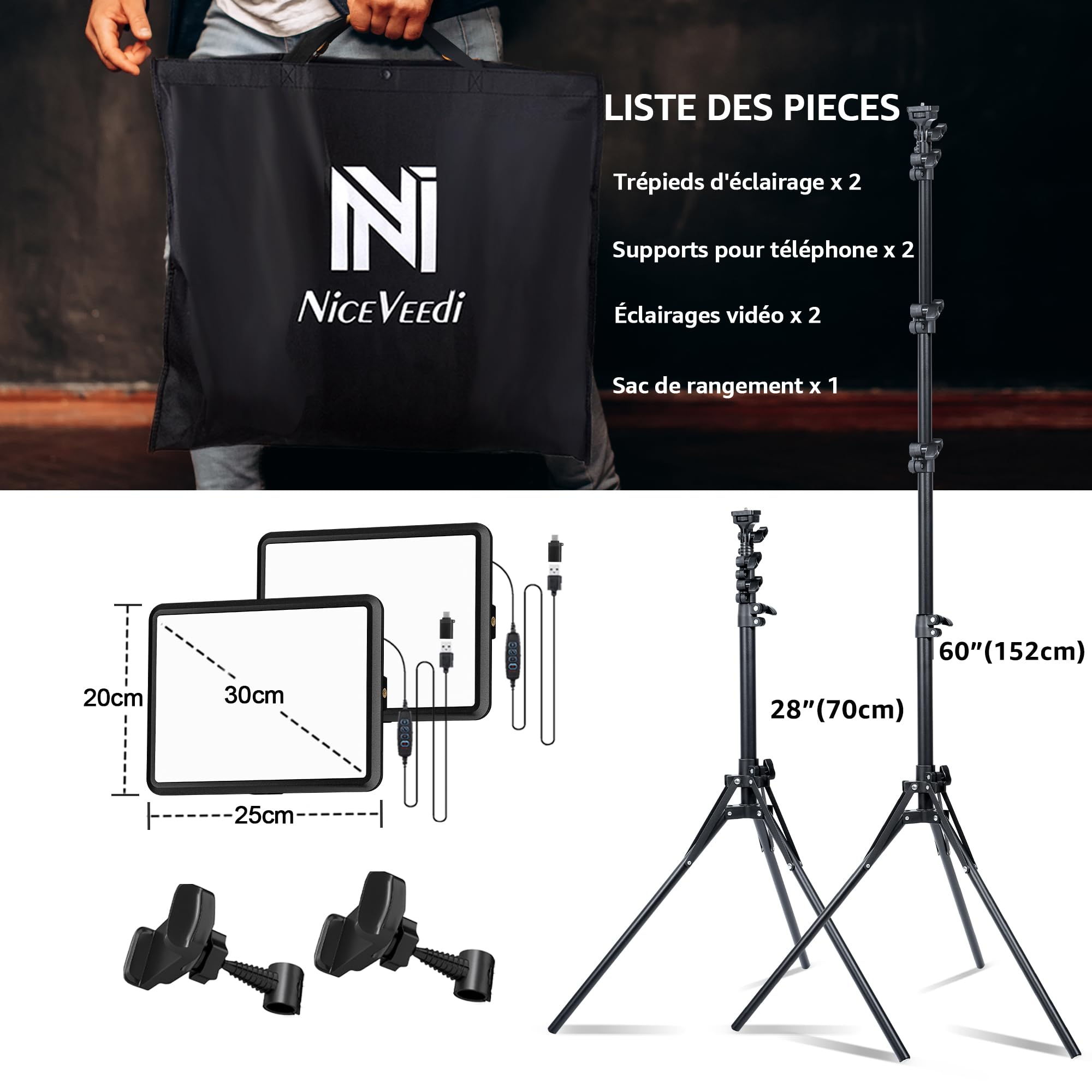 25cm*20cm Lumiere Photo, Lot de 2Panneau d'Éclairage Vidéo LED Kit 2800-6500 K avec USB/Support de téléphone, 185cm Kit D'éclairage de Photographie à Intensité Variable pour Portrait/TikTok (2 Pack)