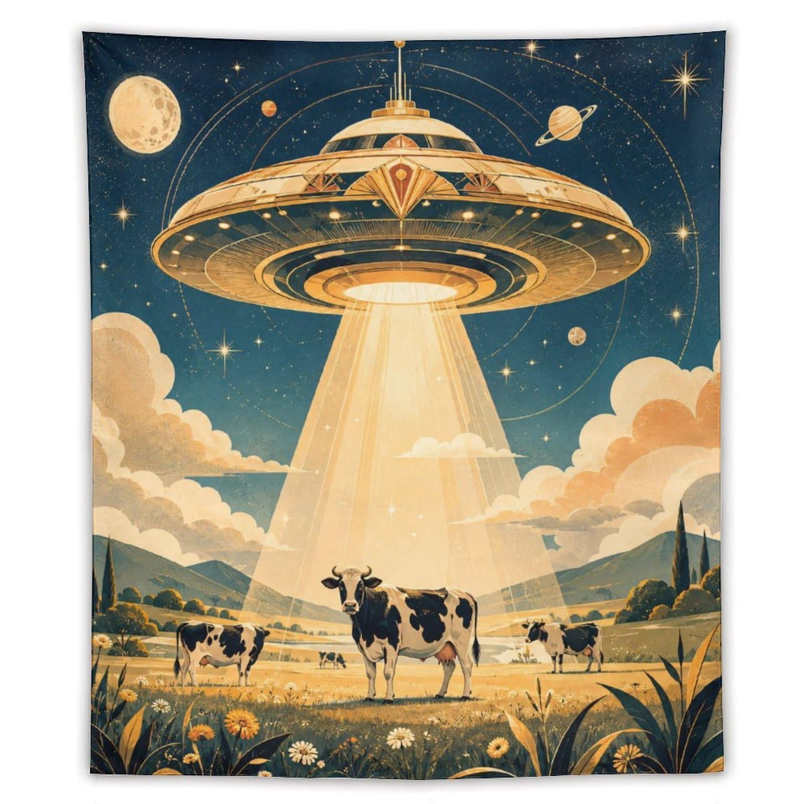 H3B8U2Y5 UFO Cattle Cosmic Sky Wall Tapestry, Oil Painting, Green Pasture