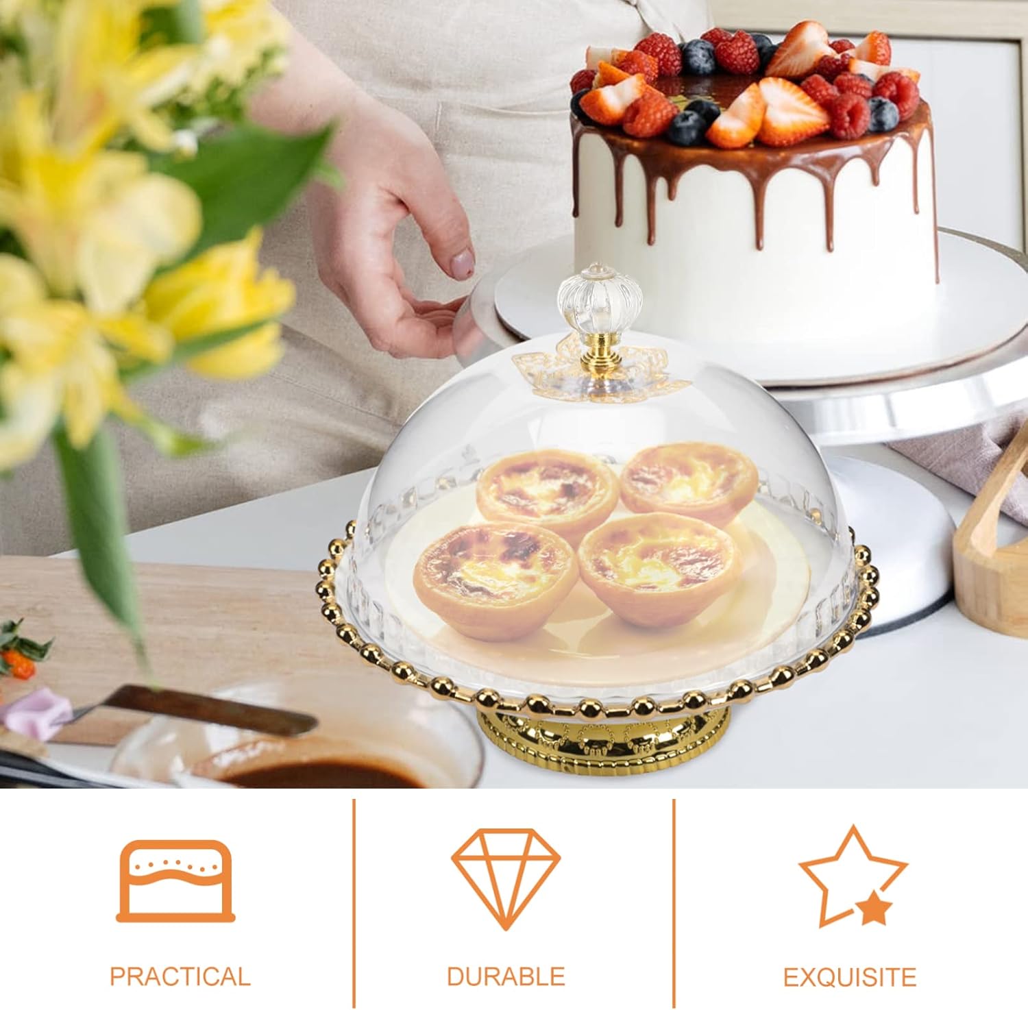 Cabilock White Round Ceramic Cake Stand with Glass Dome, 8 Inch