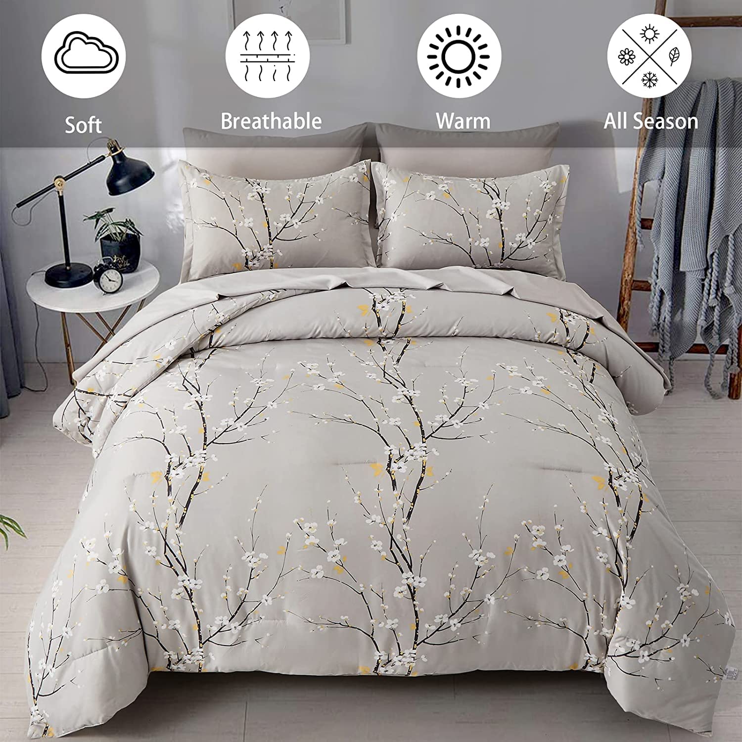 Lanqinglv Bettdecke 155x220cm Ganzjahresdecke 4 Jahreszeiten,Grau Weiß Blätter Blumenmuster Steppdecke für Allergiker Zudecke Schlafdecke Duvet 155x220 mit 1 Kissenbezug 80x80cm