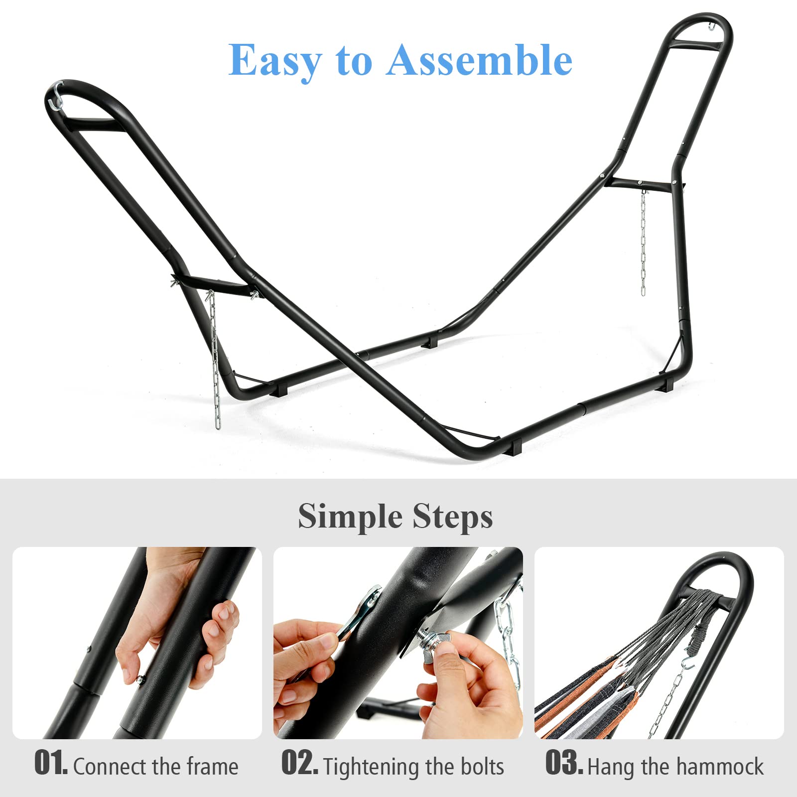 KOMFOTTEU Soporte para Hamaca de Metal, Marco de Hamaca Colgante con Carga de 200 kg, Estructura de Silla Colgante con 2 Ganchos y 2 Cadenas Ajustables, 280 x 98 x 115 cm, Negro