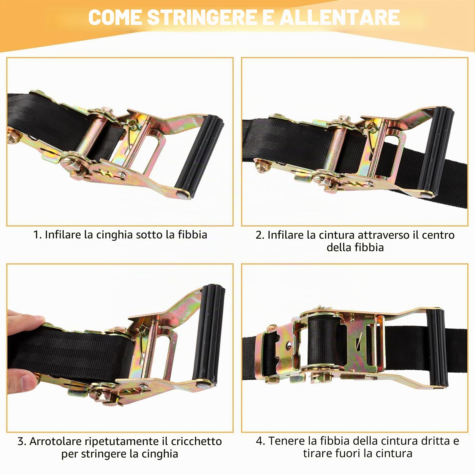 ASelected 4 pezzi cinghia a cricchetto nera 6m 38mm