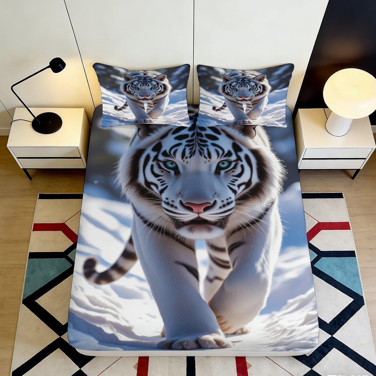 Pnayamiorkfel Style-10 3D Printed White Tiger Fitted Sheet Microfiber Soft Non-Slip Snow Forest Bed Cover For Bedroom Guest Room Decor 90X200x25cm