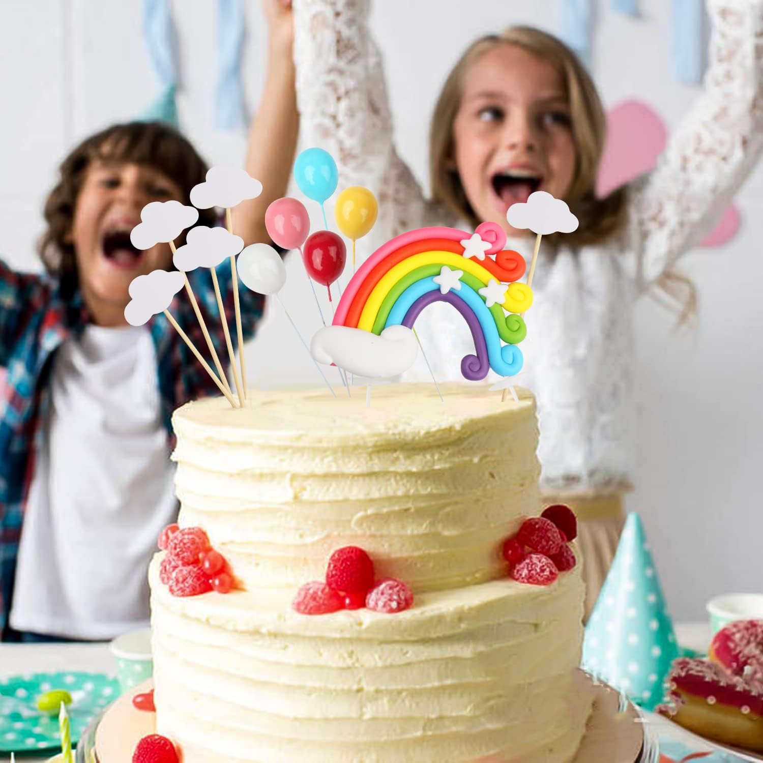 SULOLI Rainbow Cake Toppers Set, 12 Pcs Pastel Rainbow Clay Cupake Topper with Cloud Balloon for Girl Boy Kids Wedding Birthday Party Decorations
