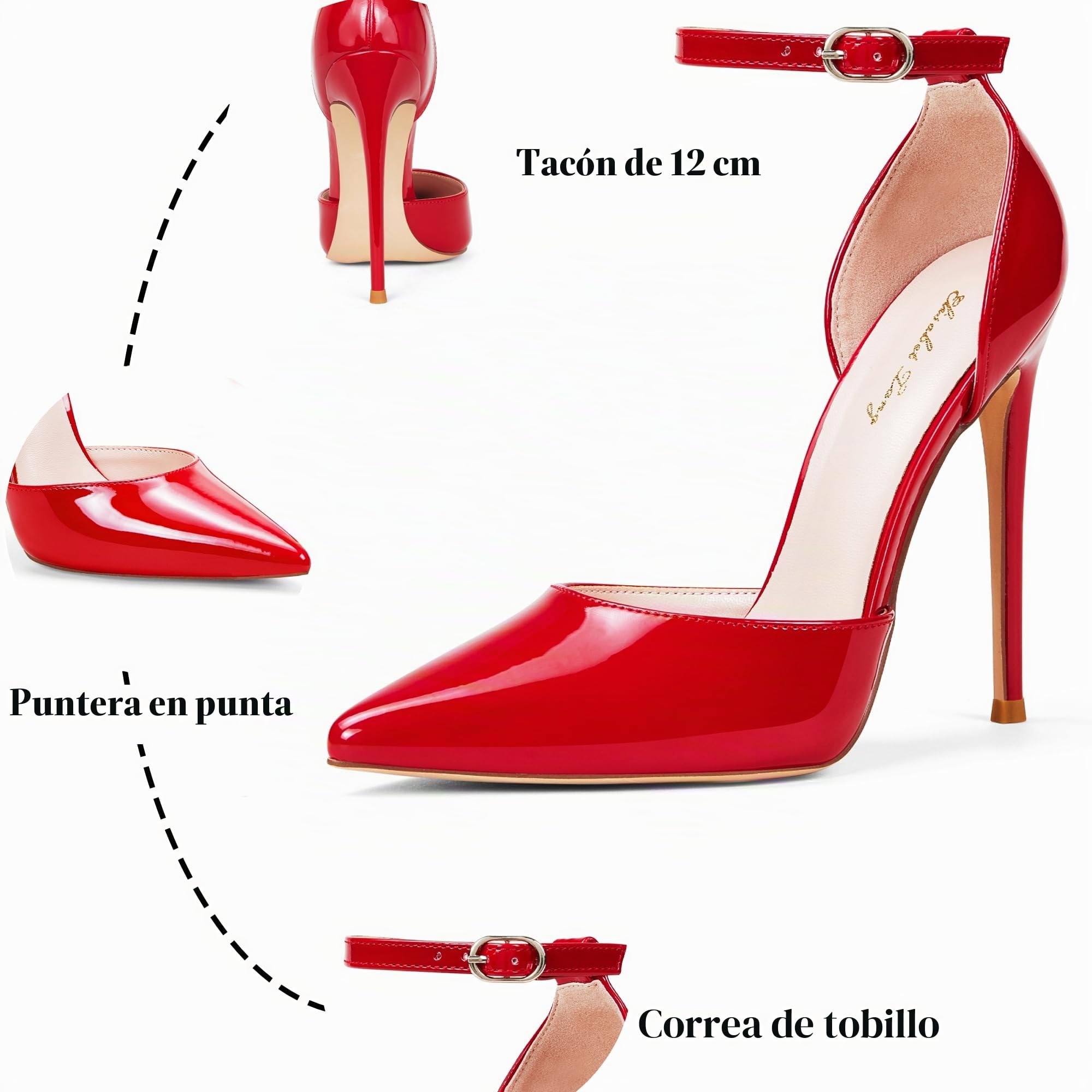 Zhabtuc Tacones Altos, Zapatos De Tacón para Mujer D'Orsay con Correa En El Tobillo, Stilettos con Punta Puntiaguda, Zapatos De Boda para Fiesta, Altura De Tacón De 12 Cm, 36-42 EU