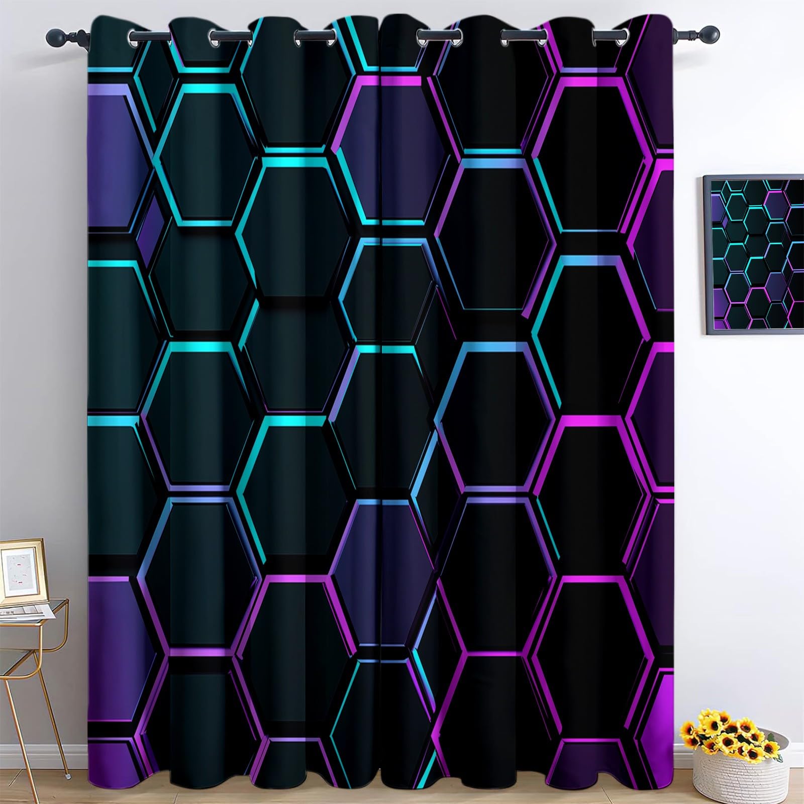 Rideaux Opaques Isolation Thermique 110x215 cm 2 Panneaux Hexagone Géométrique Moderne Noir Violet