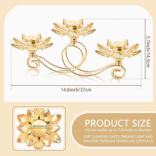 Miniatura 3 de Juego de 2 candelabros votivos de cristal dorado para velas de té, 3 brazos en forma de flor, para centro de mesa, boda, fiesta y decoración del