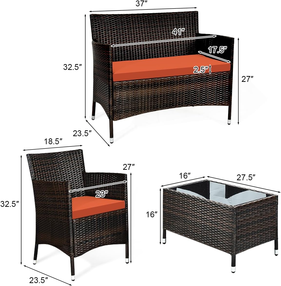 Tangkula 4 Pieces Patio Rattan Conversation Set, Outdoor Wicker Furniture with Tempered Glass Coffee Table & Thick Cushion, Rattan Chair Wicker Set for Garden, Lawn, Poolside and Backyard (1, Orange)