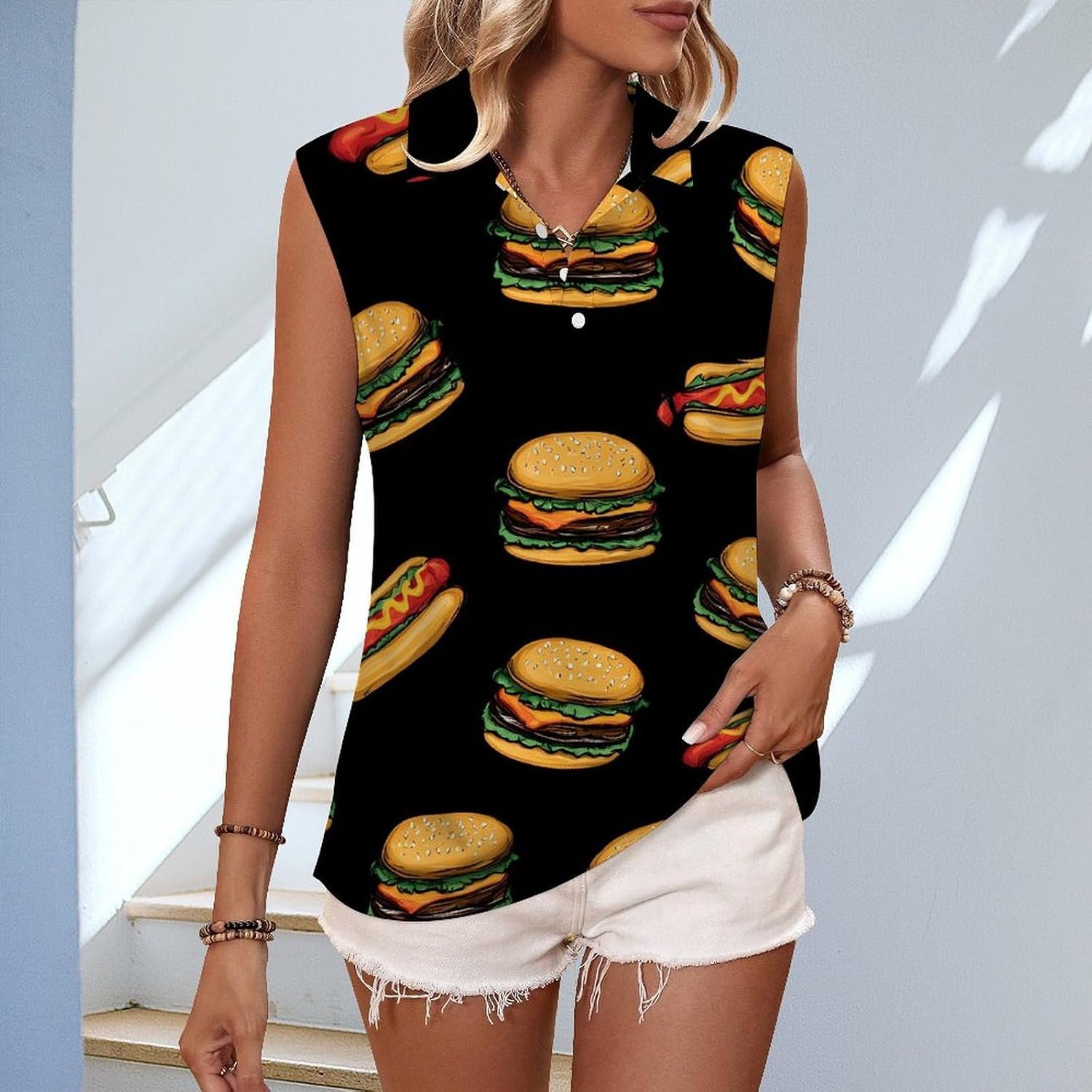 Burger Hot Dog Fast Food Women Sleeveless Collared Golf Polo Shirt | V Neck Tank Top,Breathable Tennis Shirts