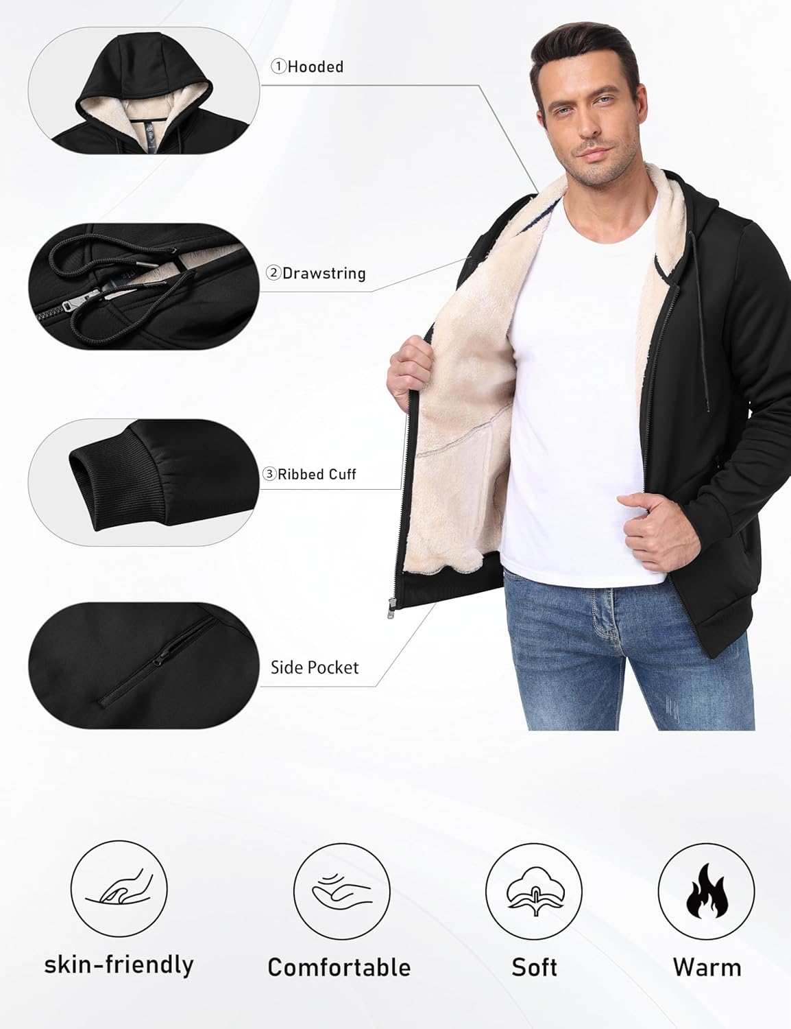 MoFiz Men's Fleece Sherpa Lined Hoodies Heavyweight Full Zip Hoodies for Men - Image 5