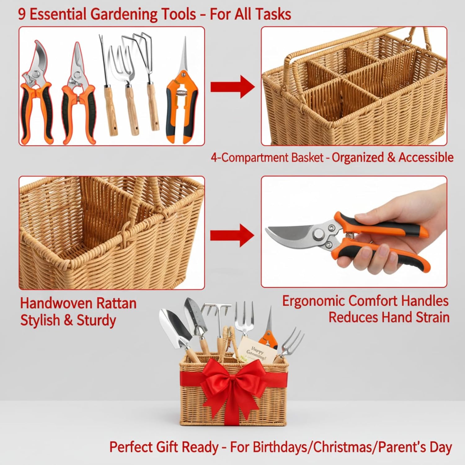 Garden Tools Set with Basket, 9-Piece Garden Tools for Gardening with Woven Organizer, Complete Gardening Hand Tools Set Gift for Women Men