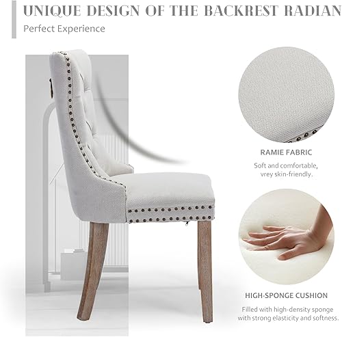 Miniatura 4 de SoarFlash Juego de 2 sillas de comedor de tela de lino, sillas de comedor tapizadas con ribete de cabeza de clavo y patas de madera de color claro