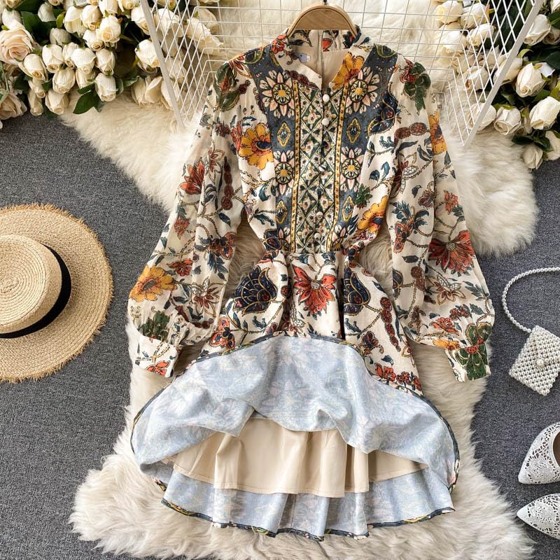 MAICOSY Vintage Floral Long Sleeve Mini Dress, High Neck, French Country Style, Blue and Orange Pattern2