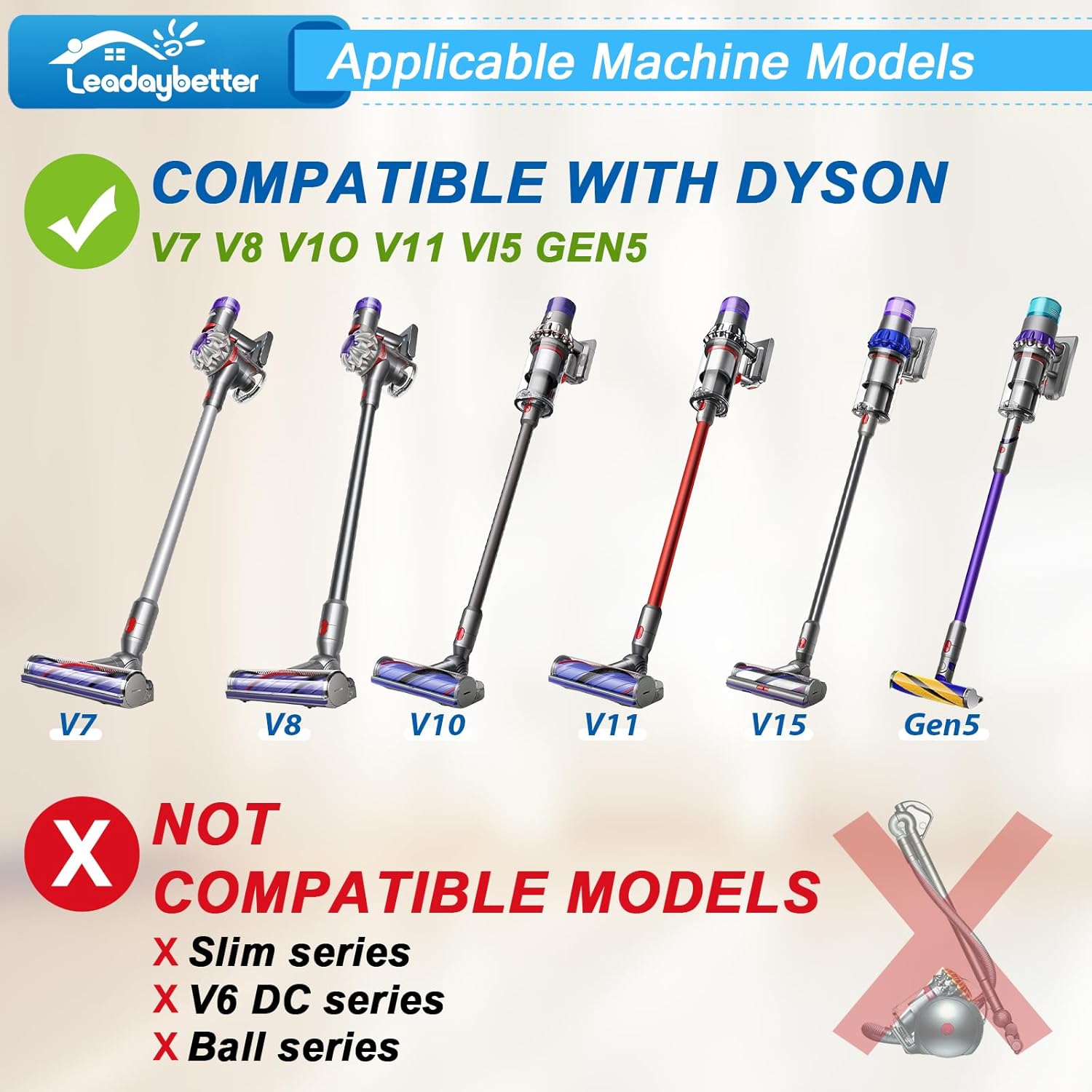 Leadaybetter Brushes & Attachments for Dyson V7 V8 V10 V11 V15 Gen5, Horsehair Vacuum Attachment, Traceless Dust Brush, Flexibible Suction Nozzles for Vacuum Cleaners image 2 of 7 B0F884WHZM