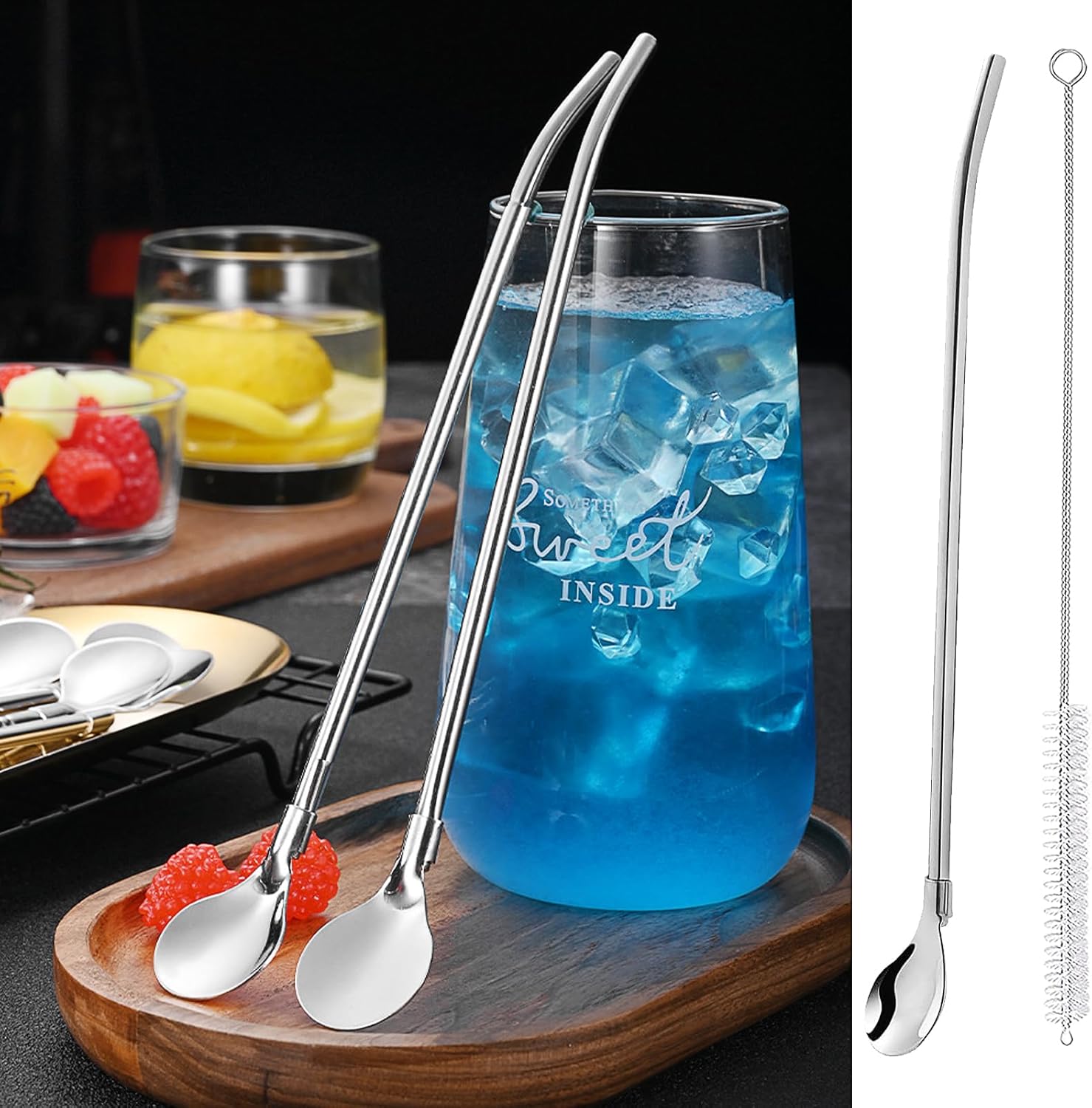 Straw Spoons, Pack of 6 Stainless Steel Straws Spoons, Reusable Metal Straw with Long Cleaning Brush, Stainless Steel Cocktail Spoon for Coffee, Milk, Juice (Silver)