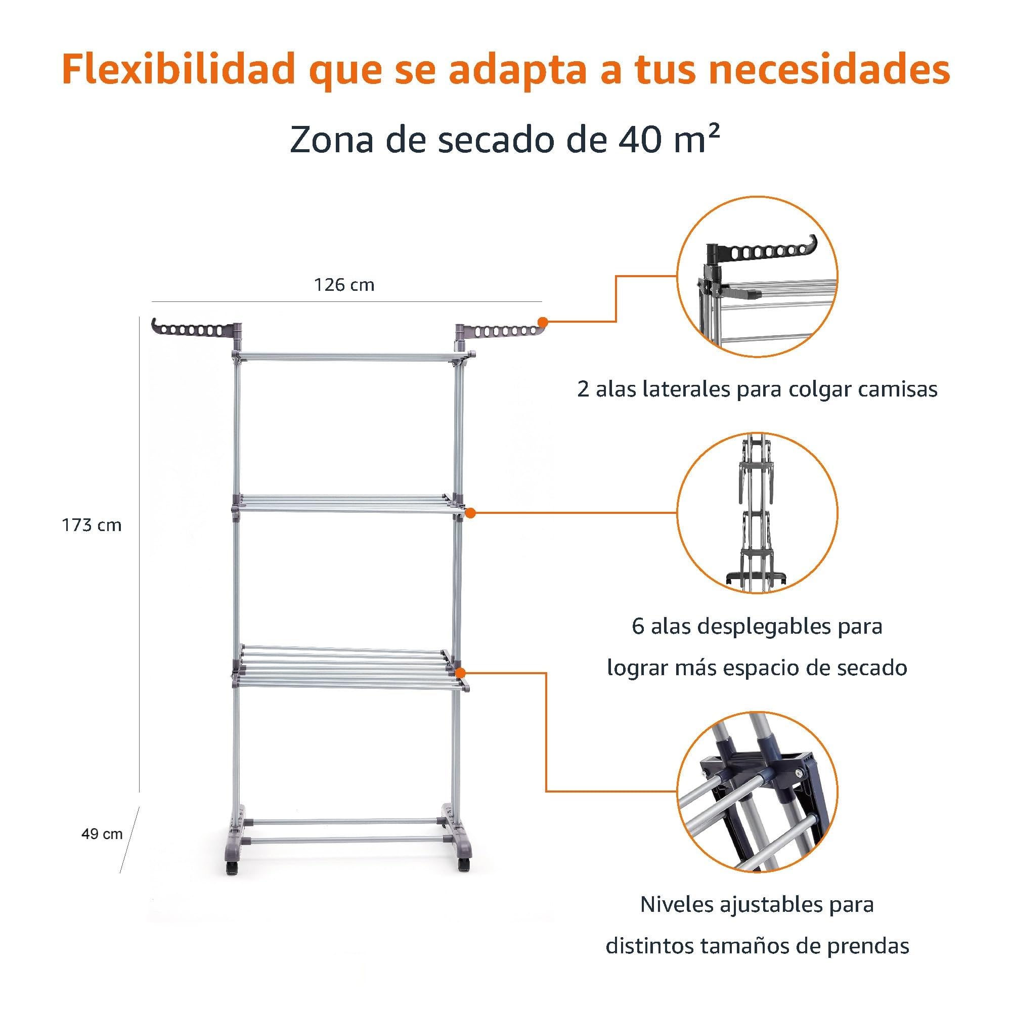 Amazon Basics Tendedero tipo torre, para interior, con alas plegables, Plateado, 4-niveles, 126 x 64 x 173 cm (L x W x H)