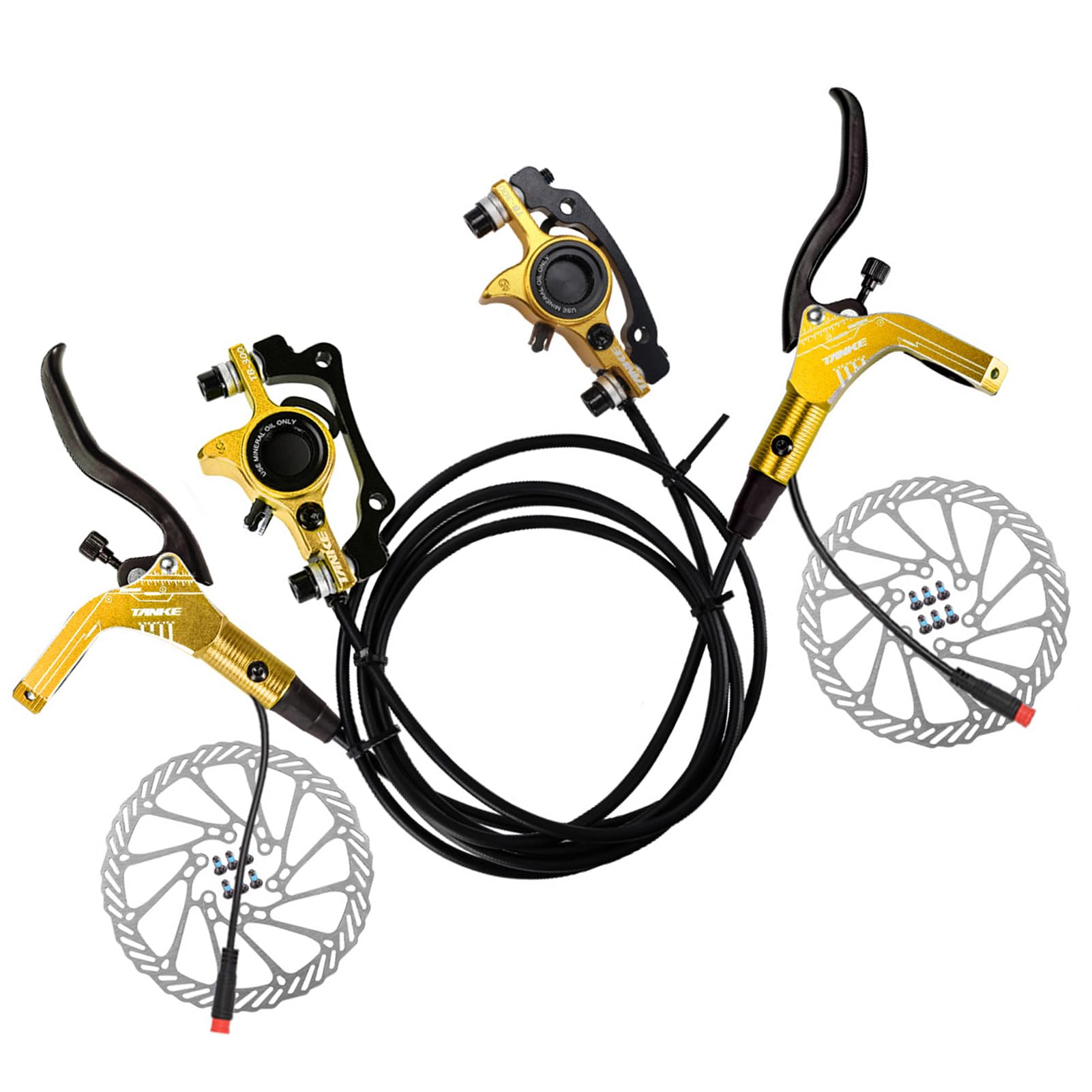 Zestawy hamulców tarczowych do rowerów Buachois, hydrauliczny zestaw hamulców do E-Bike z wirnikami 160 mm, dźwignie ciśnienia oleju 89 cm z lewej i 147 cm z prawej do elektrycznego skutera (złoto)