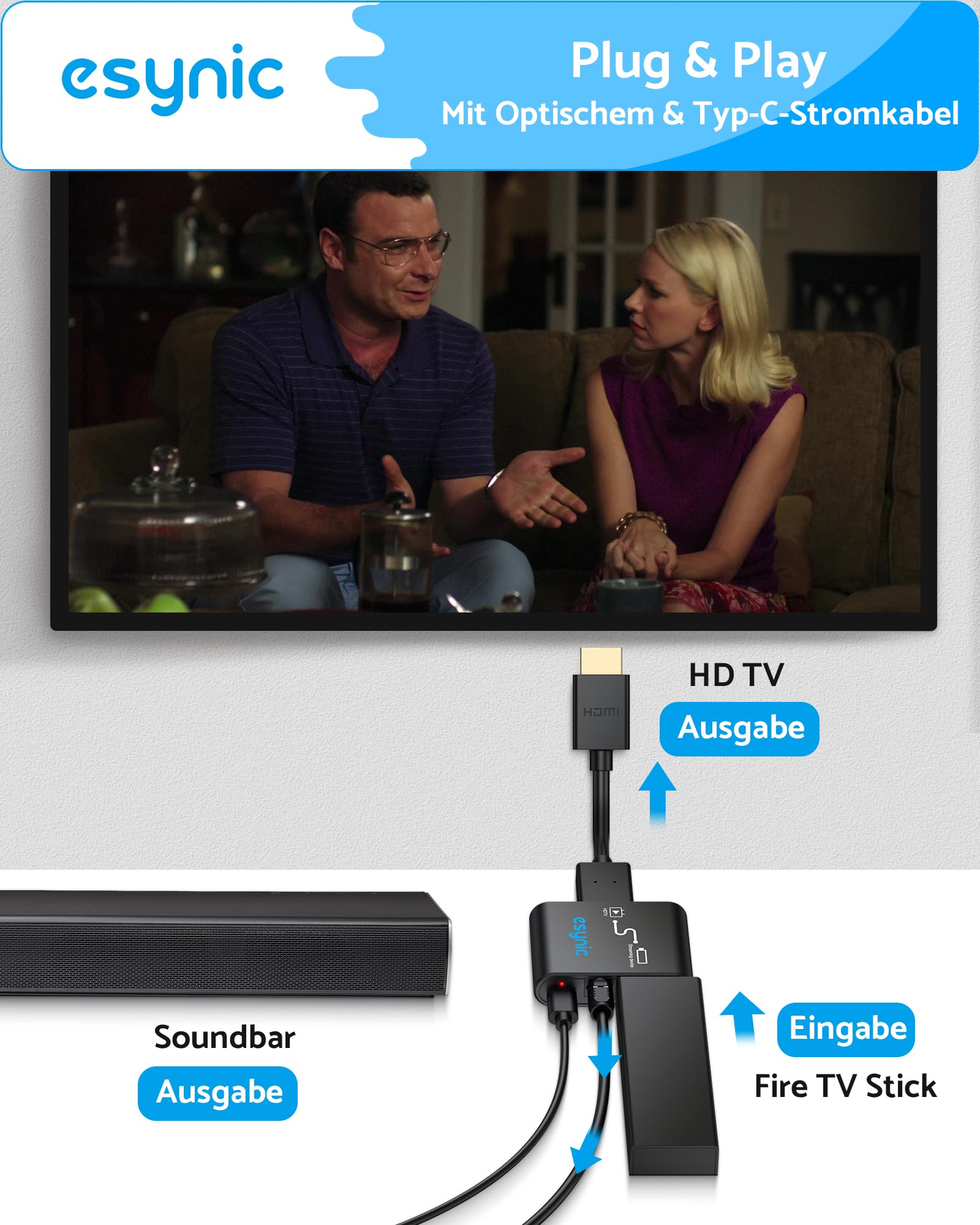 eSynic HDMI zu HDMI Audio Extractor 4K Optisch Splitter Adapter mit Optischer Audioausgang für Fire TV Stick Spezieller Fernsehkonverter 5.1 DTS Soundbar Konverter Ohne ARC/eARC Plug & Play