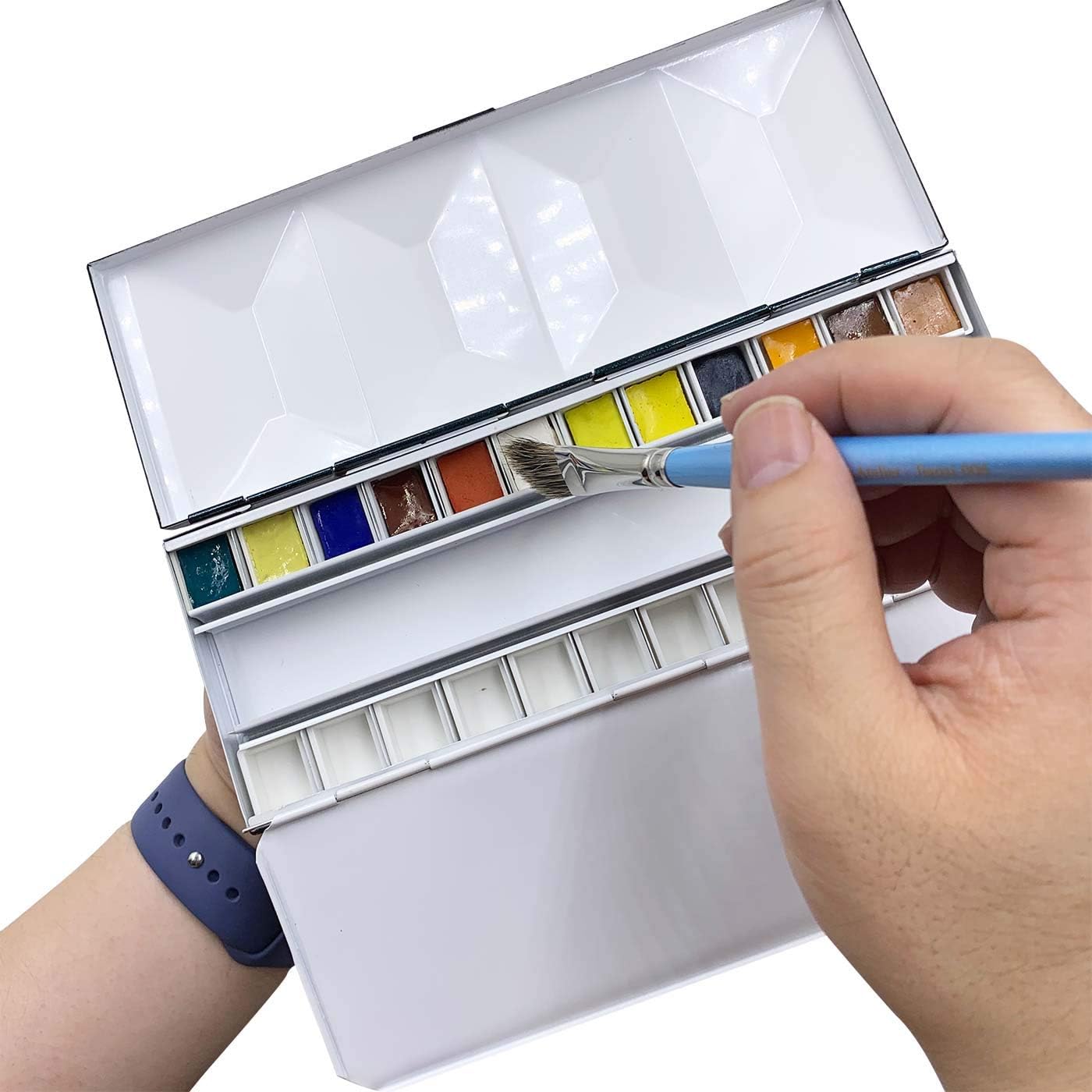 Empty Watercolor Tins Box Palette Paint Case, Heavy Enamel, Medium Pearl Blue with 24 Pcs Half Pans