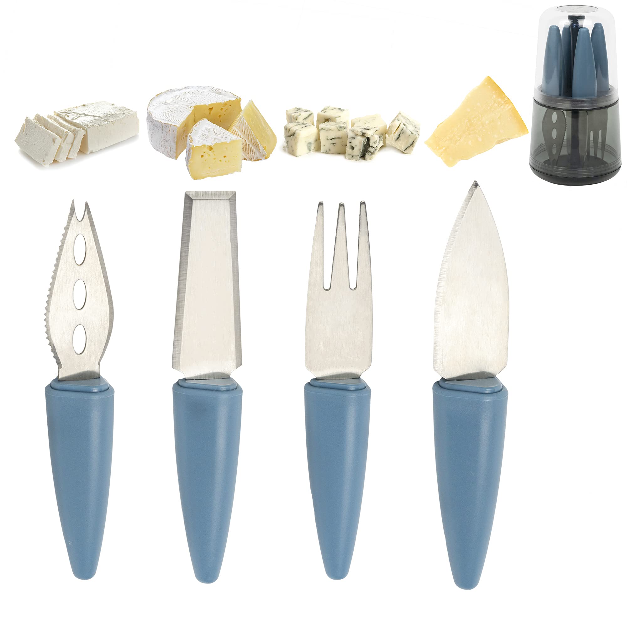 Calitek Cheese Knife Set 4 Piece with Stand and Stainless Steel Blades for Hard and Soft Cheese Kitchen Tools Serving Fork Cheese Slicer Cheese Spreader Dishwasher Safe (Blue)