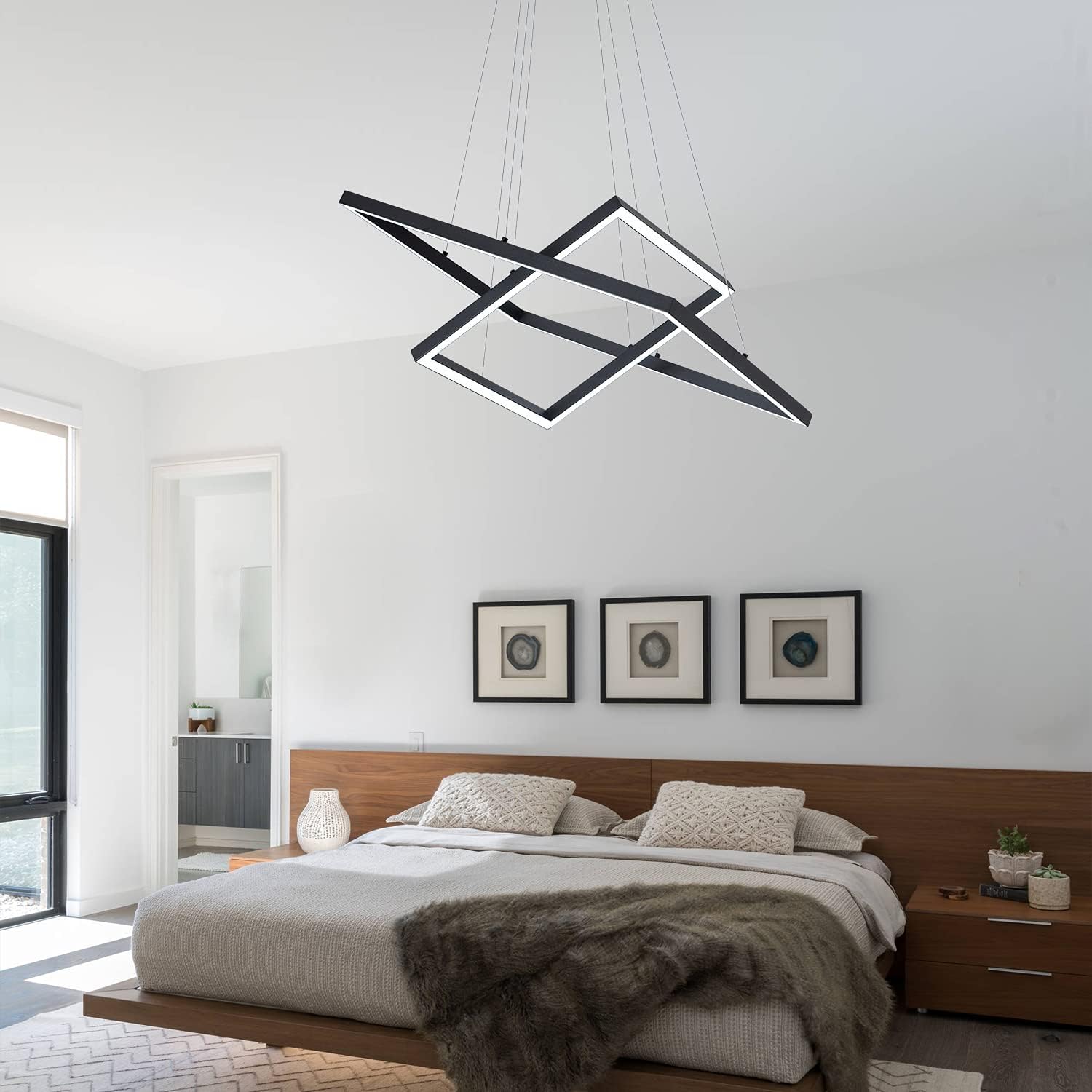 MADEM Modern LED Pendant Light 2 Square Contemporary Chandelier Adjustable Pedant Light Dimmable Pendant Lighting for Living Dining Room,Kitchen Island, 6000K Cool White, 4680LM 72W Black - - 