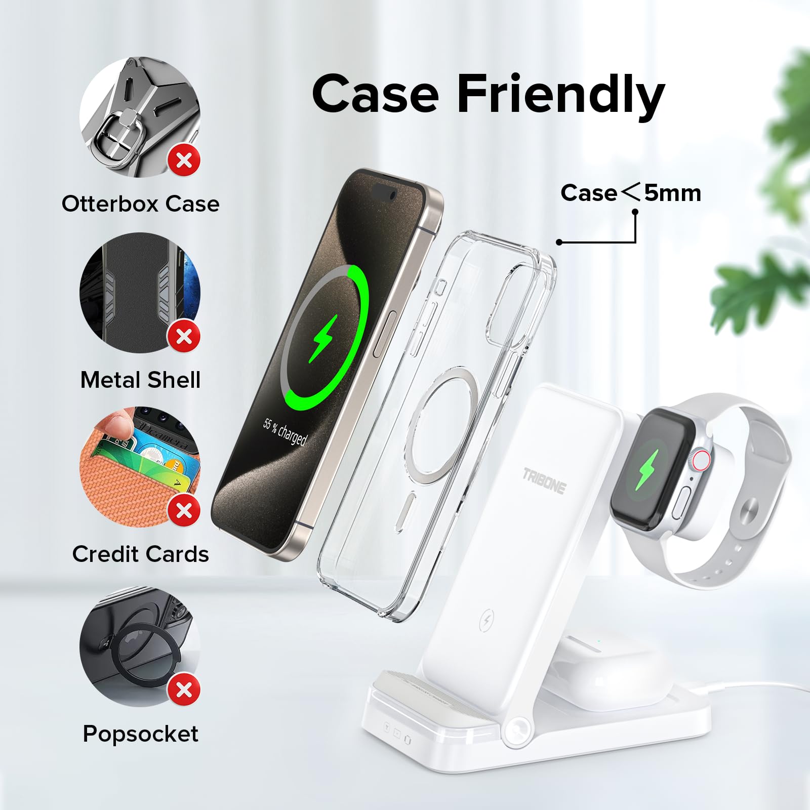 Wireless Charger, Tribone 3 in 1 Foldable Fast Charger for iPhone 16 15 14 13 12 11 Pro Max XR XS 8 Plus,for Multiple Devices?for Apple Watch 10 9 8 7 6 5 4 3 2 SE Ultra,for AirPods Pro 4 3 2 (White)