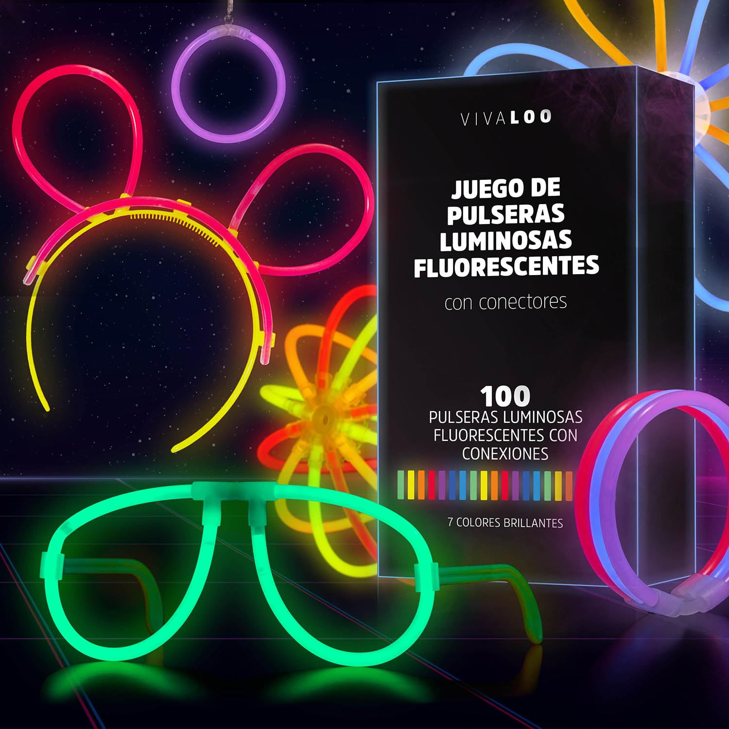 Vivaloo pulseras luminosas fluorescentes set de 100 + accesorios fiesta neon | palos luminosos para fiestas + conectores para pulseras fluorescentes, gafas, bolas etc. | fiesta cumpleaños fluorescente