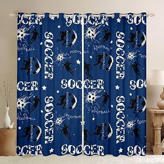 Feelyou Boys Soccer Curtains for Bedroom Living Room (2 Panels, 38 x 45 Inch) Football Player Darkening Drapes Girls Gaming Sports Navy Blue Blackout Curtains Sports Theme Window Treatments