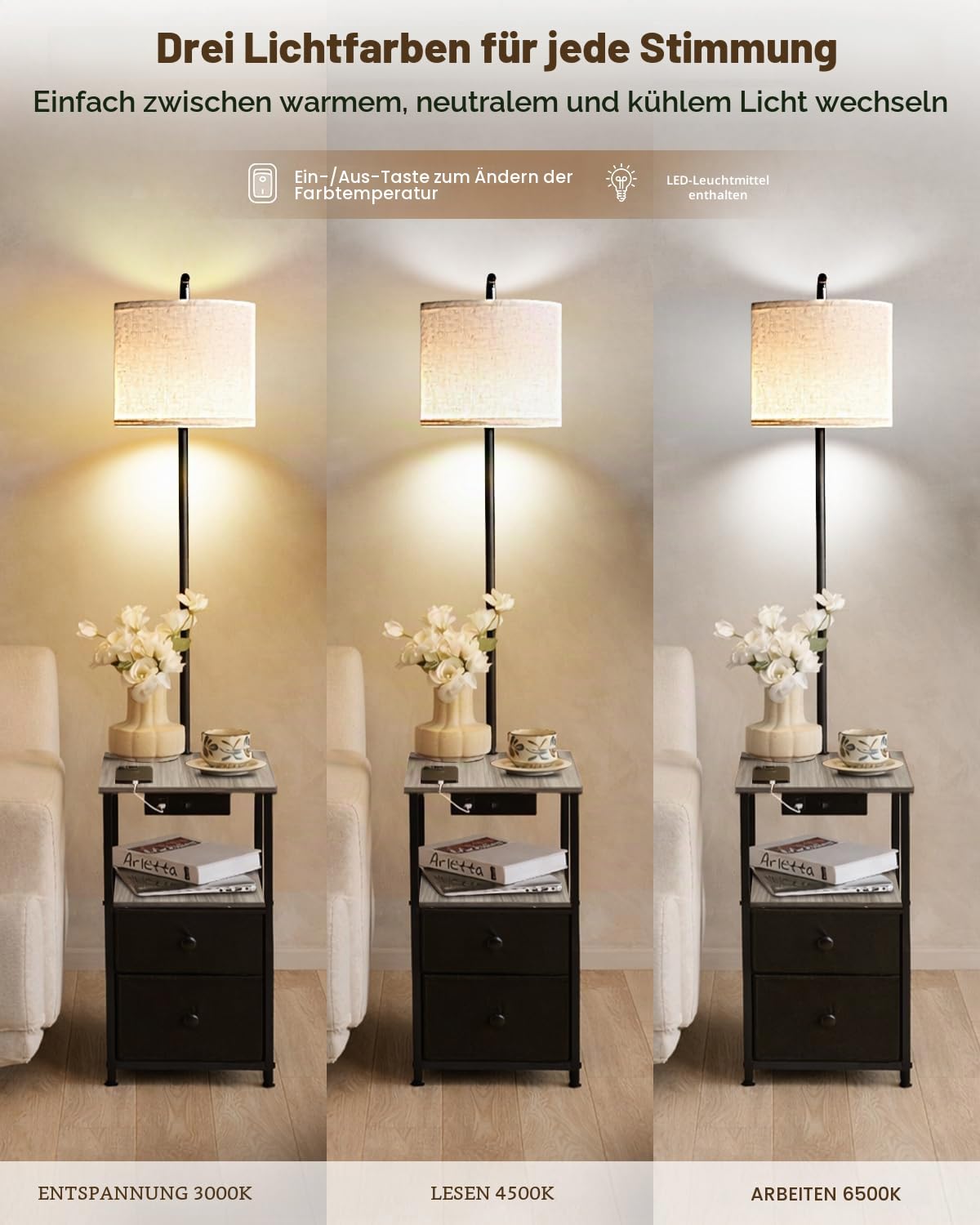 Stehlampe mit Tisch und 2 Schubladen, Nachttischlampe mit USB & Typ-C Ladefunktion, Stehleuchte mit 3 Farbtemperaturen und verstellbarem Lampenschirm, LED Stehlampe für Wohnzimmer und Schlafzimmer