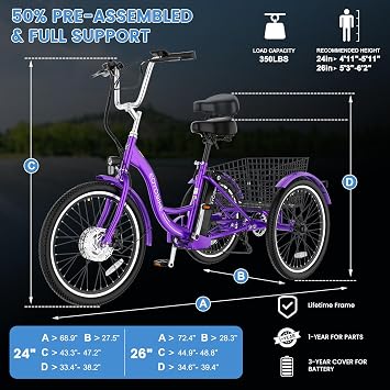 MOONCOOL Electric Tricycle for Adults, 3 Wheel Electric Bike, 350W, 7-Speed | 36V removable battery reaches 60 miles, dual disc brakes, 350 lb capacity and rear basket support groceries and errands