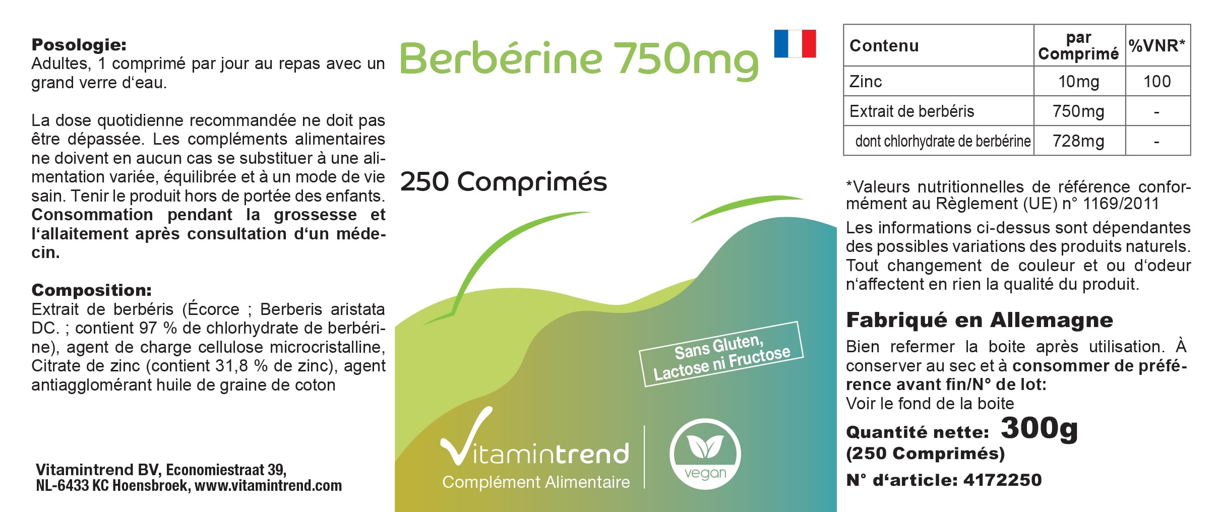 Vitamintrend Berberina 750mg, 250 tabletas, con zinc, altamente dosificado 97% berberina HCl, complemento alimenticio vegano sin estearato de magnesio, fabricado en Alemania