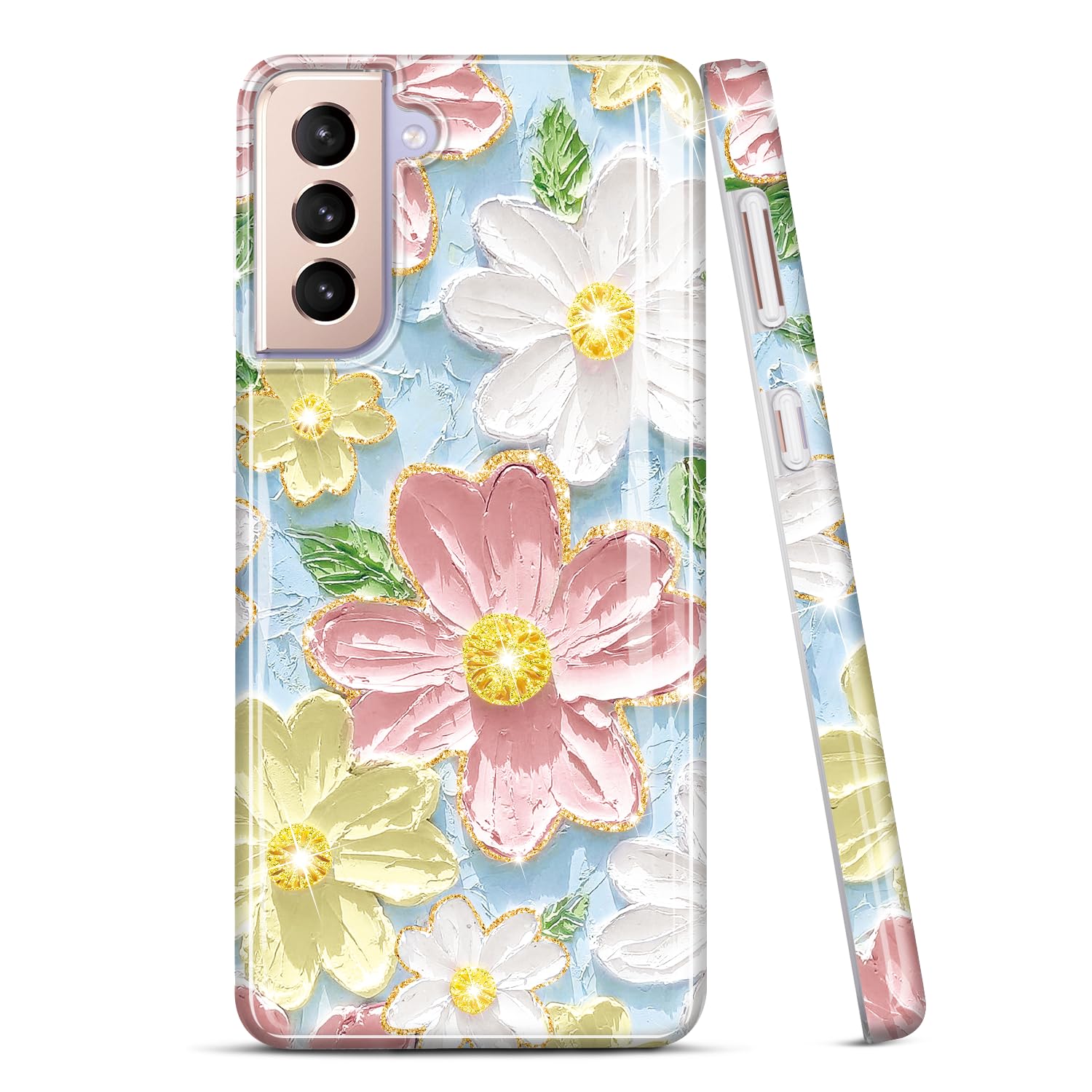 JIAXIUFEN Galaxy S21 Case Sparkle Glitter Retro Oil Painting Printed Flower Design Slim Shockproof TPU Soft Cover Phone Case for Samsung Galaxy S21 5G