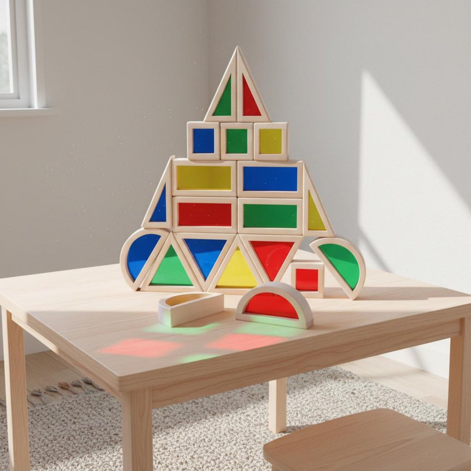 predolo 20 Pezzi Costruzioni in Legno Trasparenti Colorate Traslucido Blocchi Arcobaleno in Legno e Acrilico Bordi Arrotondati per Bambini 3+ Anni