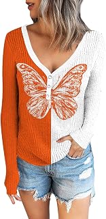 Long Sleeve Pullover Ladies Full Fall Party Casual Cool V NEC Buttons Comfy Pattern Cotton Tops Ladies