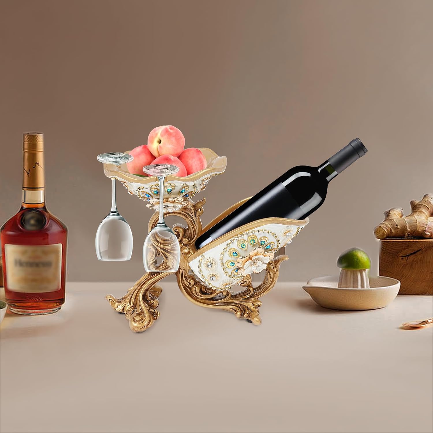 Tabletop Wine Rack Golden Luxury Cameo Flower Diamond Wine Glass Display Holder, Holds 1 Wine Bottle and 3 Wine Glasses Wine Decor for Kitchen Bar Gifts