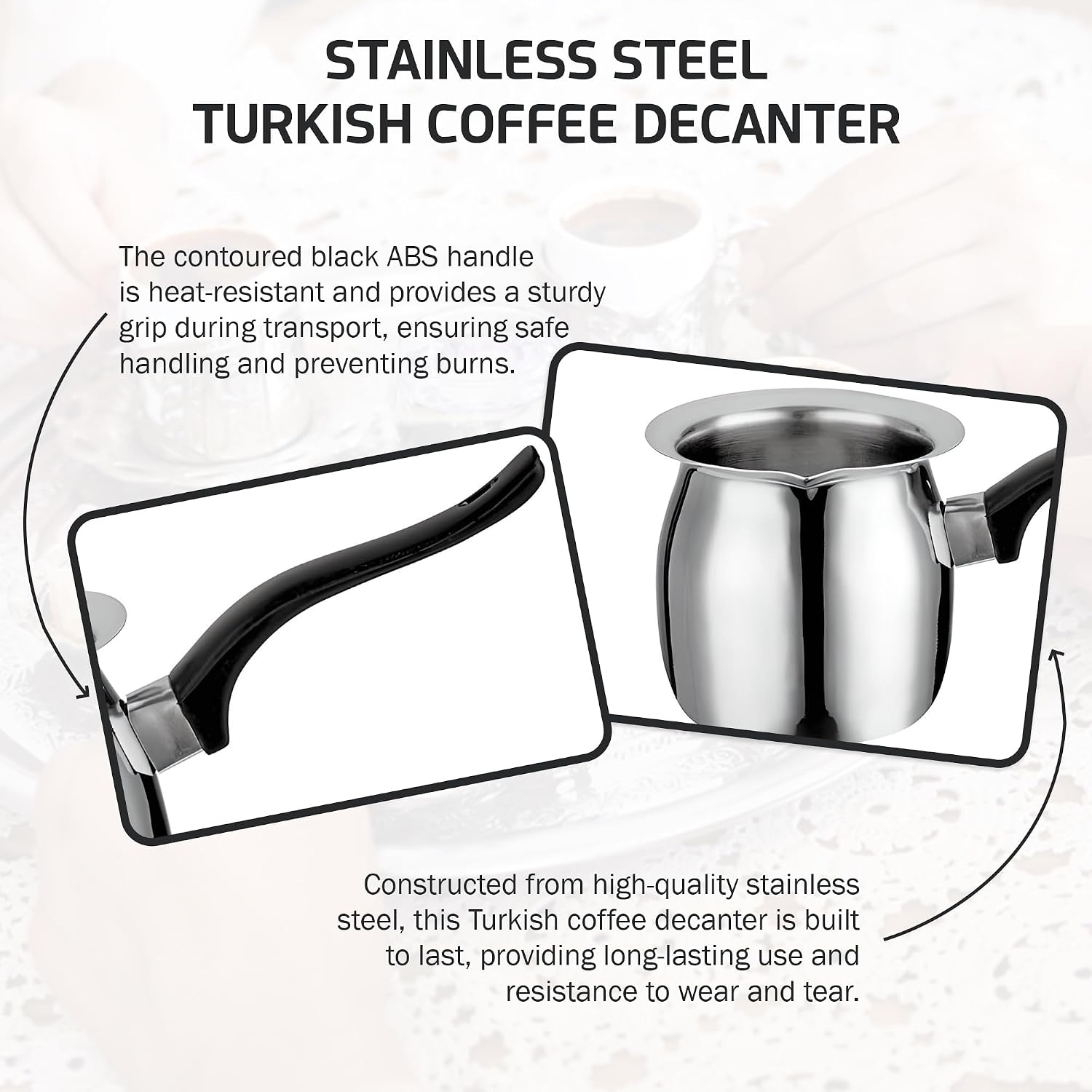 OCS Parts Stainless Steel Turkish Coffee Decanter | 24 Ounce Dishwasher Safe Turkish Coffee Pot with Black Handle | Briki Greek Coffee Pot