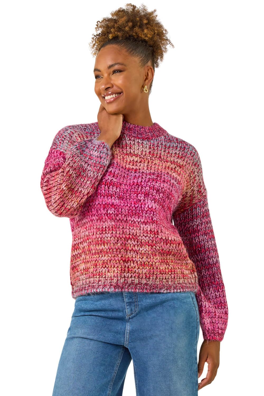 Roman Originals Women's Pink Metallic Ombre Knit Jumper For Uk - Everyday Autumn Winter Crew Neckline Comfy Soft Evening Vacation Work Party Night Out - Size 16