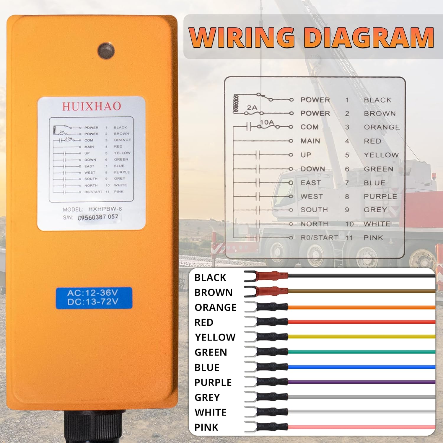 HXH 8 Button Industrial Crane Wireless Remote Control, 915MHz Hoist Radio Transmitter & Receiver, IP66 Waterproof, Reinforced Flame Retardant PA66 Housing, AC12-36V DC13-72V, 328FT Long Range
