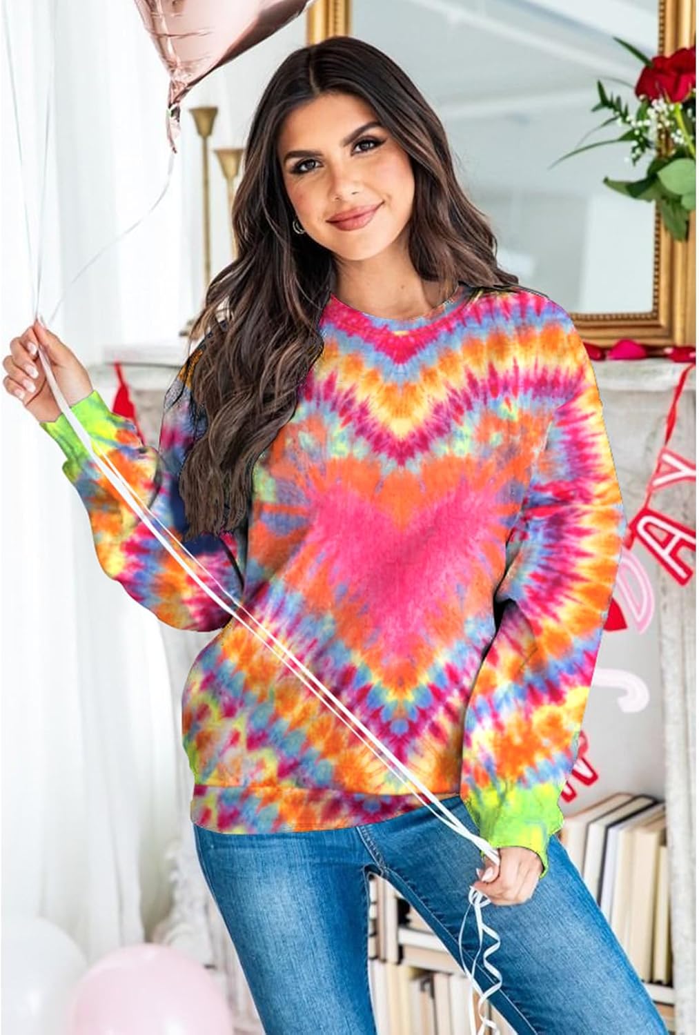 JINTING Valentine Sweatshirts for Women - Tie Dye Heart Valentine's Days Shirt Love Vibes Long Sleeve Pullover Tops - Image 3