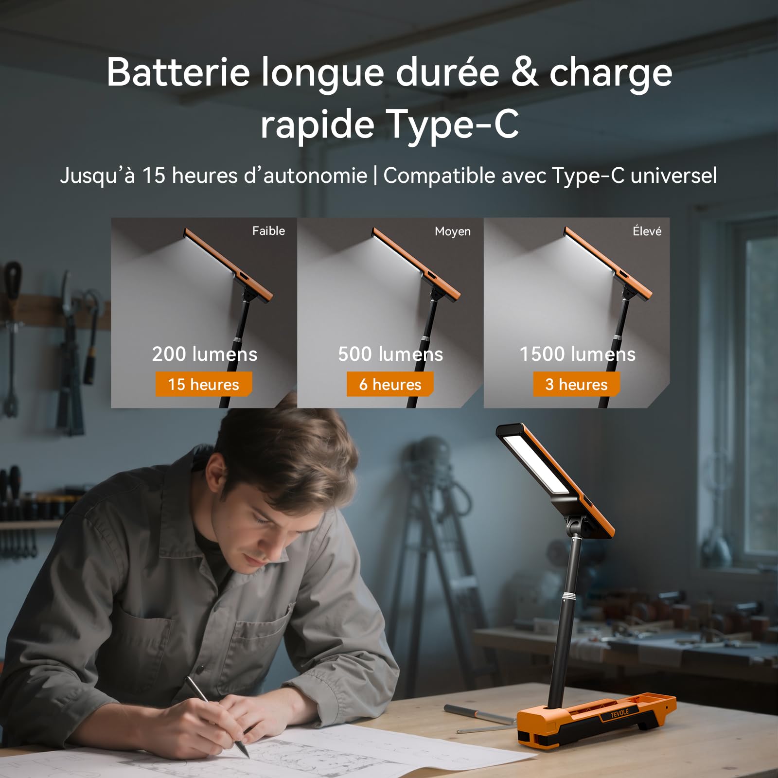 Projecteur LED Rechargeable 1500LM Lampe sur Pied Pliable avec Trépied Réglable, Éclairage de Chantier, Extérieur, Camping, Bricolage, Étanche IP54, Batterie Intégrée avec Charge Type-C