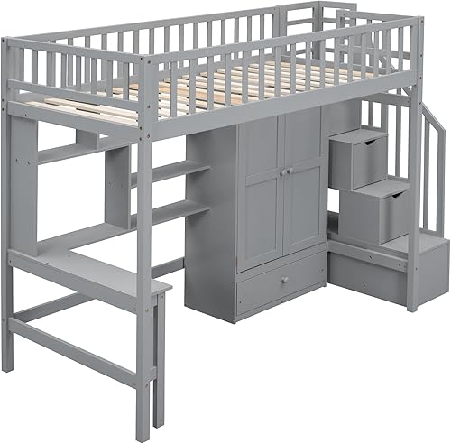 Miniatura 9 de Cama alta multifuncional de tamaño individual con estantería y cajones marco de cama de madera con escritorio y armario cama alta de almacenamiento