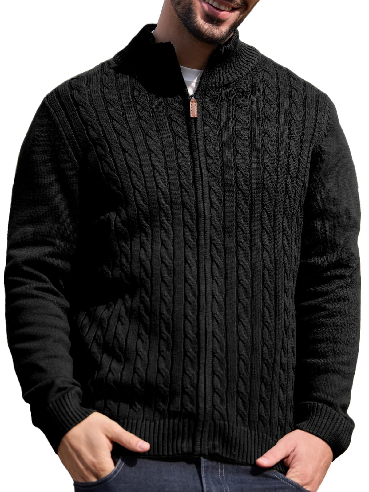 Les umes Cardigan da uomo, a collo alto, con chiusura lampo, a maniche lunghe, a maglia