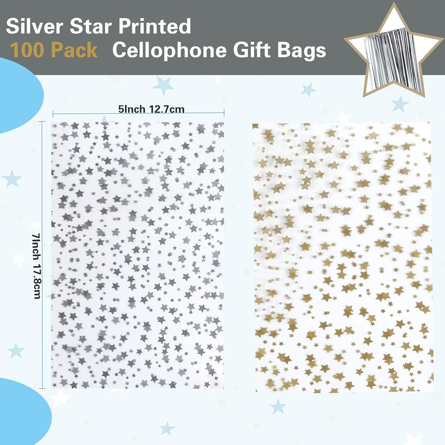 100 Pcs Star Printed 5"X 7" Gift Wrap Cello Cellophane Treat Bags Party Favor bags Clear Candy Cookie Bags Plastic Poly Goodie Storage Bags with Twist Ties for Bakery,Birthday, Wedding ,Party Decorations (Silver) image 2