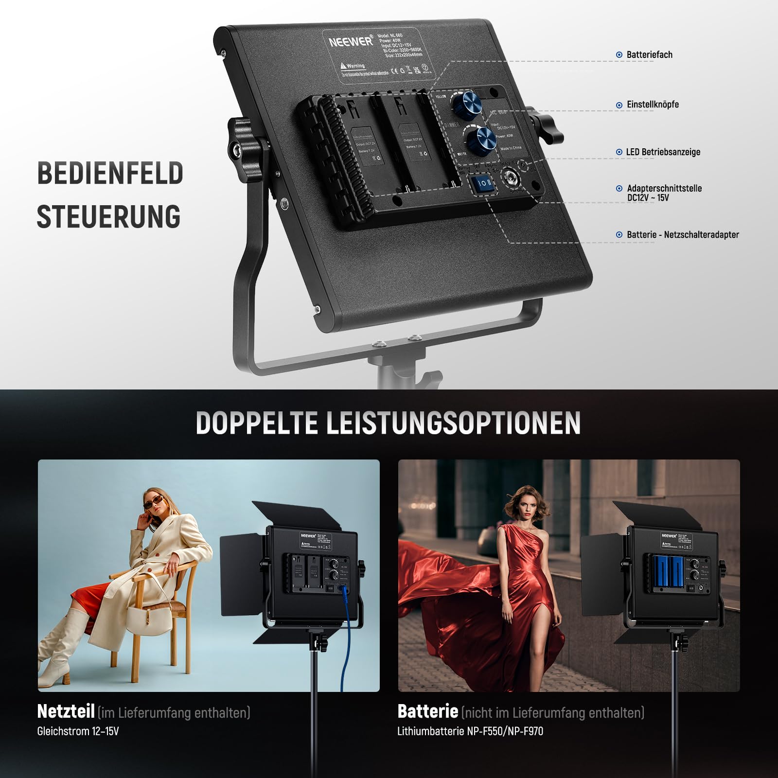 NEEWER 2 STK. Bi Farbe 660 LED Videolicht Set mit Zwei 79" Stativständer, 3200K-5600K CRI 96+ Dimmbare Panel Videoleuchte mit U Bügel und Barndoor für Studio Fotografie Aufnahme Streaming, Schwarz