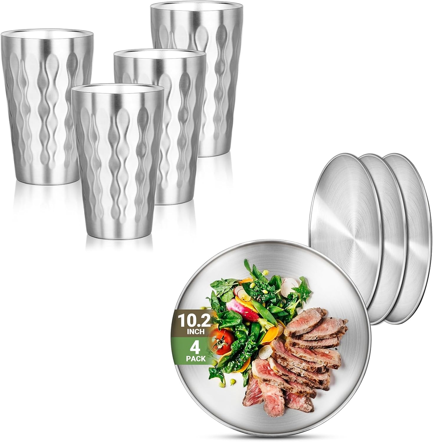 16oz 4 Cups and 10.2" 4 Plates 304(18/8), Round Shatterproof Stainless Steel Plates, Double Wall Stackable Unbreakable Stainless Steel Cups for Outdoor Travel Camping BBQ Home Dinner