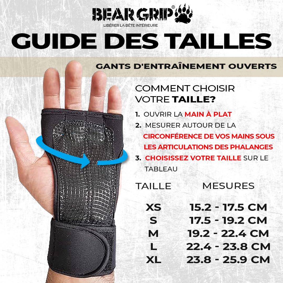 Bear Grip Gants d'entraînement Ouverts pour Crossfit, Musculation et haltérophilie, Gants de Gym rembourrés pour Hommes et Femmes – Accessoires de Fitness, Sport et haltérophilie