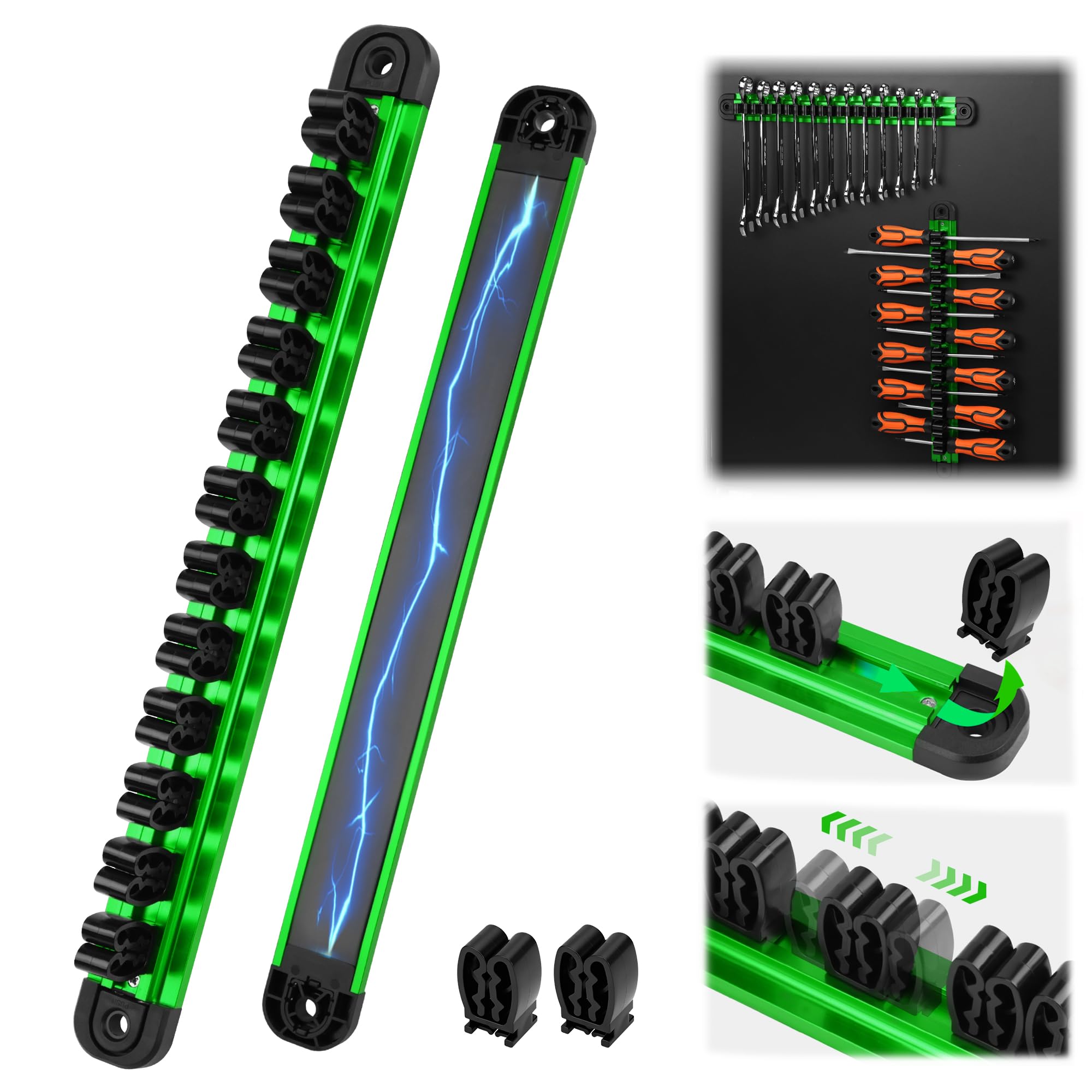 Magnetic Screwdriver Organizer and Wrench Organizer, 14-Slot Screwdriver and Wrench Holder, Magnetic Aluminum Rail Tool Organizer for Tool Box Drawer Wall-Mount Storage, Green (Tools not Included)-image-19
