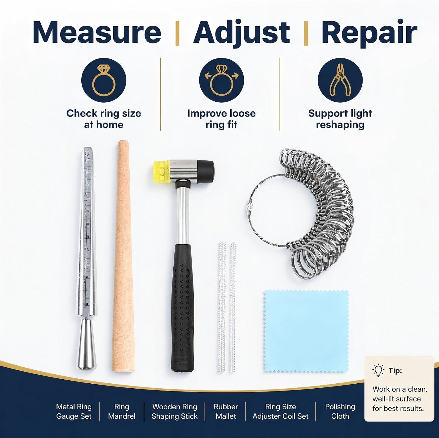 Ring Sizer Measuring and Repair Kit, 6-Piece Tool Set with Ring Gauge, Ring Mandrel, Wooden Shaping Stick, Rubber Mallet, Adjuster Coil and Polishing Cloth